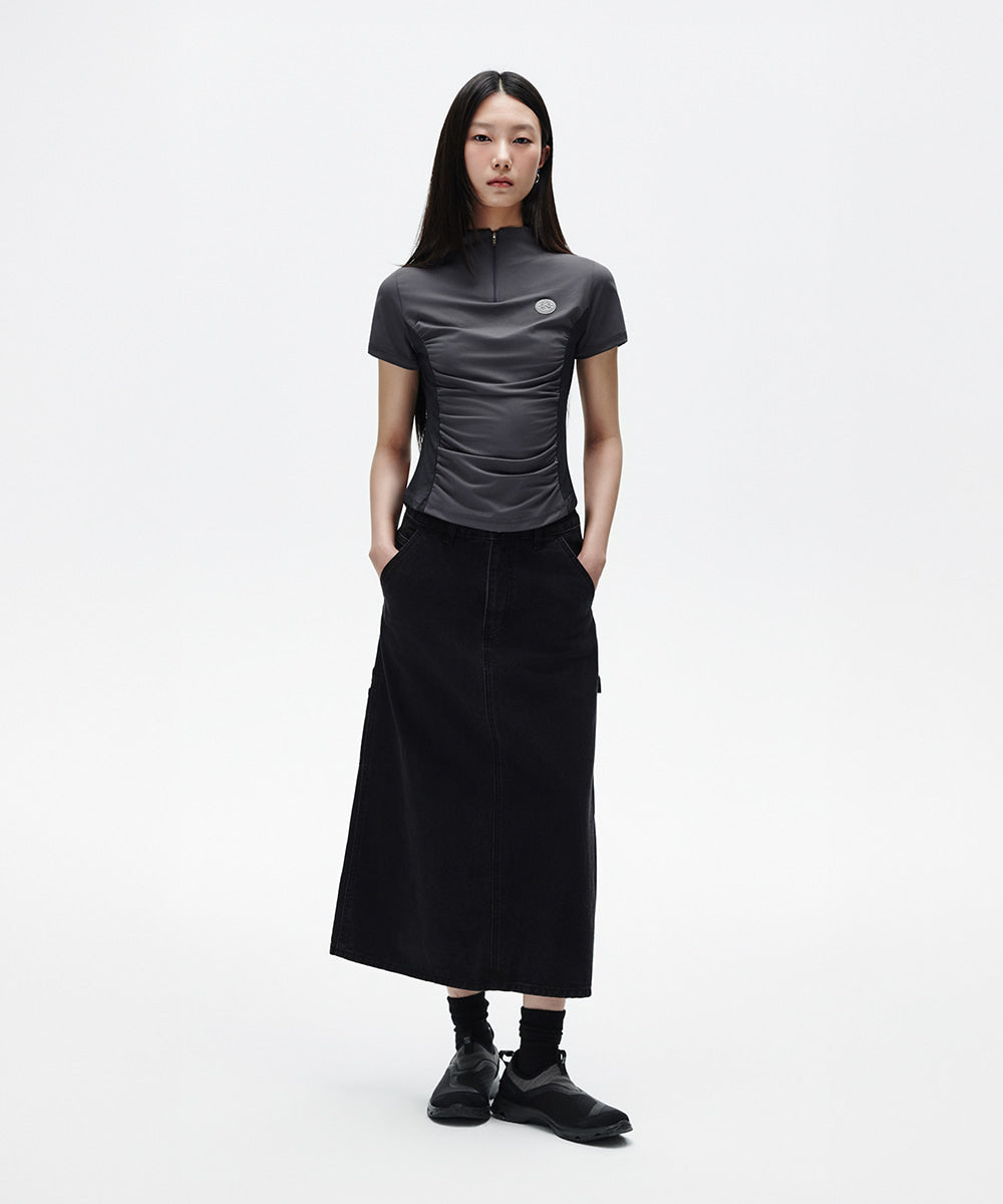 Mahagrid Shirring Half Zip-Up Jersey Tee