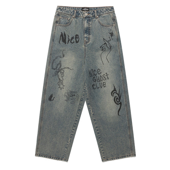 Nice Ghost Club Doodle Graphic Wide Jeans