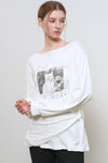 General Idea WOMAN Boat Neck Loose Fit Graphic Long Sleeve T-Shirt [WHITE]