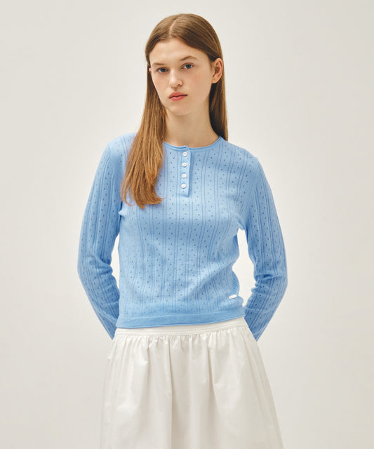 Marithé François Girbaud Women's Crochet Half Button Knit in Sky Blue