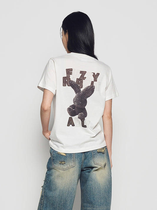 ADLV Woman Fuzzy Font Rabbit Short Sleeve T-Shirt