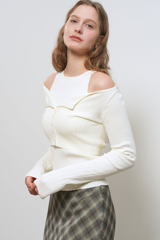 General Idea WOMAN Boat Neck Cardigan Sleeveless Set [IVORY]