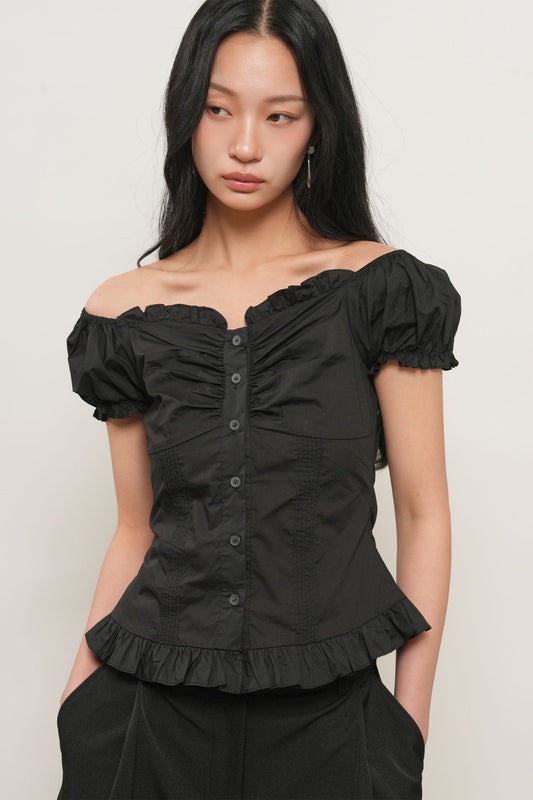 General Idea WOMAN Cap Sleeve Heart Neck Shirring Blouse
